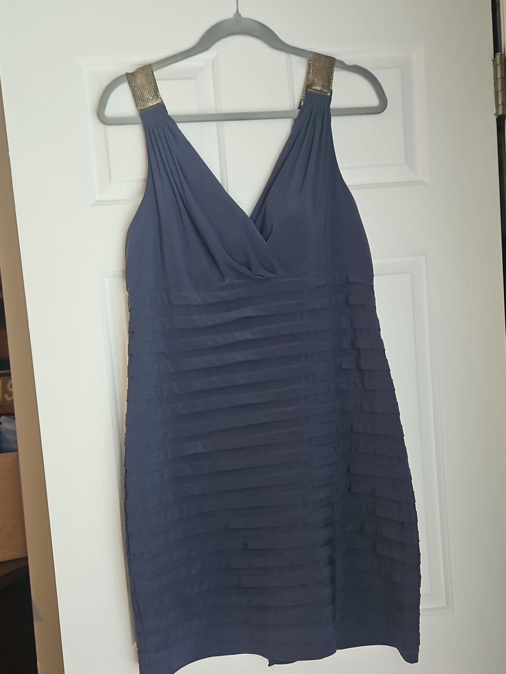 Sleeveless Navy Mini Dress with Gold Accent Straps